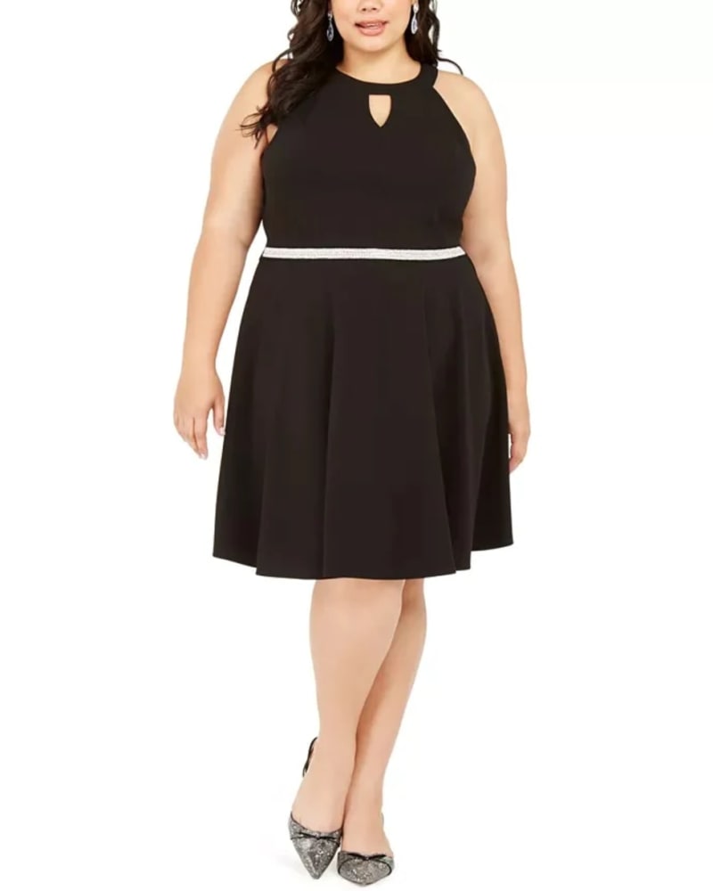 Front of a model wearing a size 3X Emerald Sundae Women's Trendy Plus Size Rhinestone Keyhole Fit & Flare Dress Black Size 3X in Black by Emerald Sundae. | dia_product_style_image_id:313349